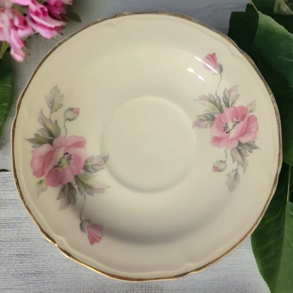 Vtg 40's Tea Coffee Cup Saucer Plate Edwin Knowles Peony Rose Pink Gold Trim